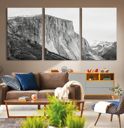 Monochrome canvas of El Capitan’s granite wall in Yosemite with snowy peaks, ideal for dramatic mountain or black-and-white nature decor.