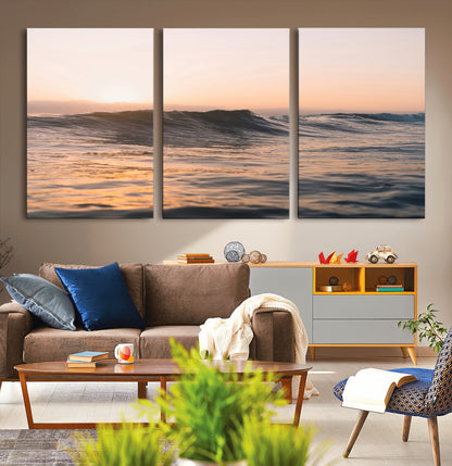 Framed canvas of ocean waves glowing in sunset light, ideal for golden hour calm or peaceful coastal-inspired wall decor.