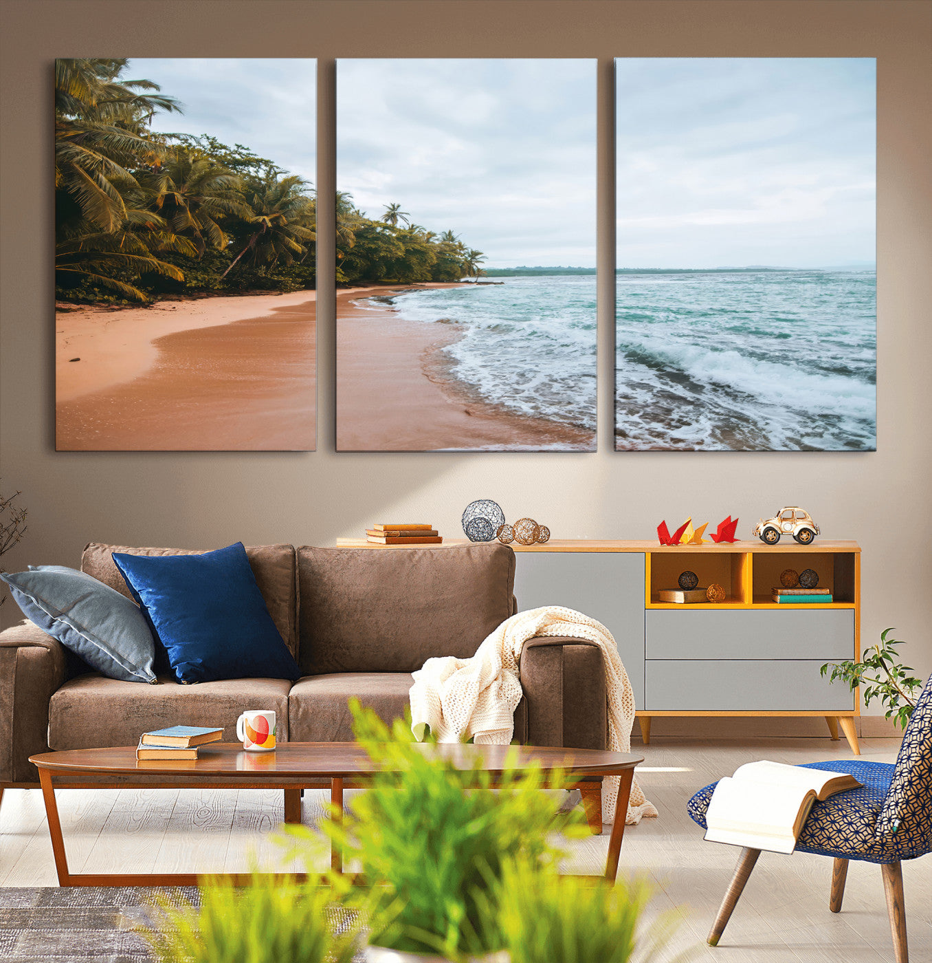 Framed canvas of a tropical beach with palm trees and soft waves, ideal for coastal escape or serene nature-inspired home decor.