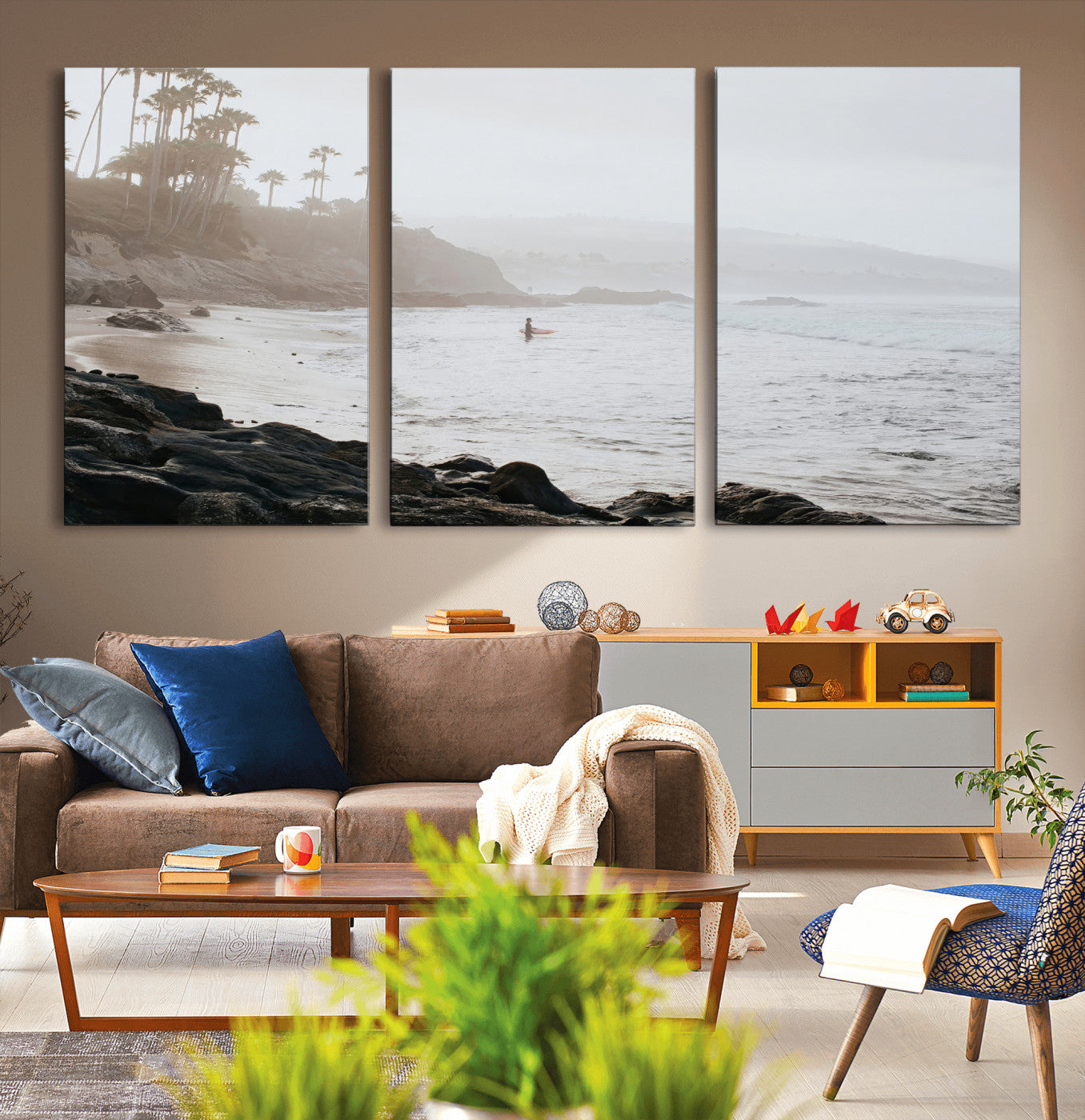 Framed canvas of a surfer in misty coastal tones at a foggy California beach, ideal for minimalist coastal beach or serene ocean-themed decor.