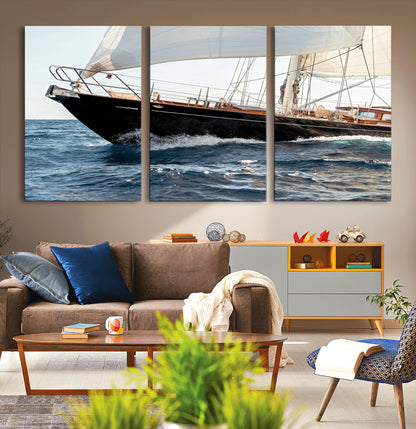 Close-up of a classic sailing yacht with wooden deck and full sails, perfect for nautical or coastal-style decor in ocean-themed spaces.