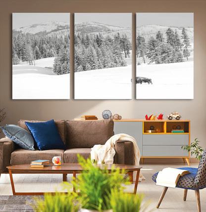 Snowy bison walking through white forest landscape, ideal for monochrome winter or wilderness-style interior wall decoration.
