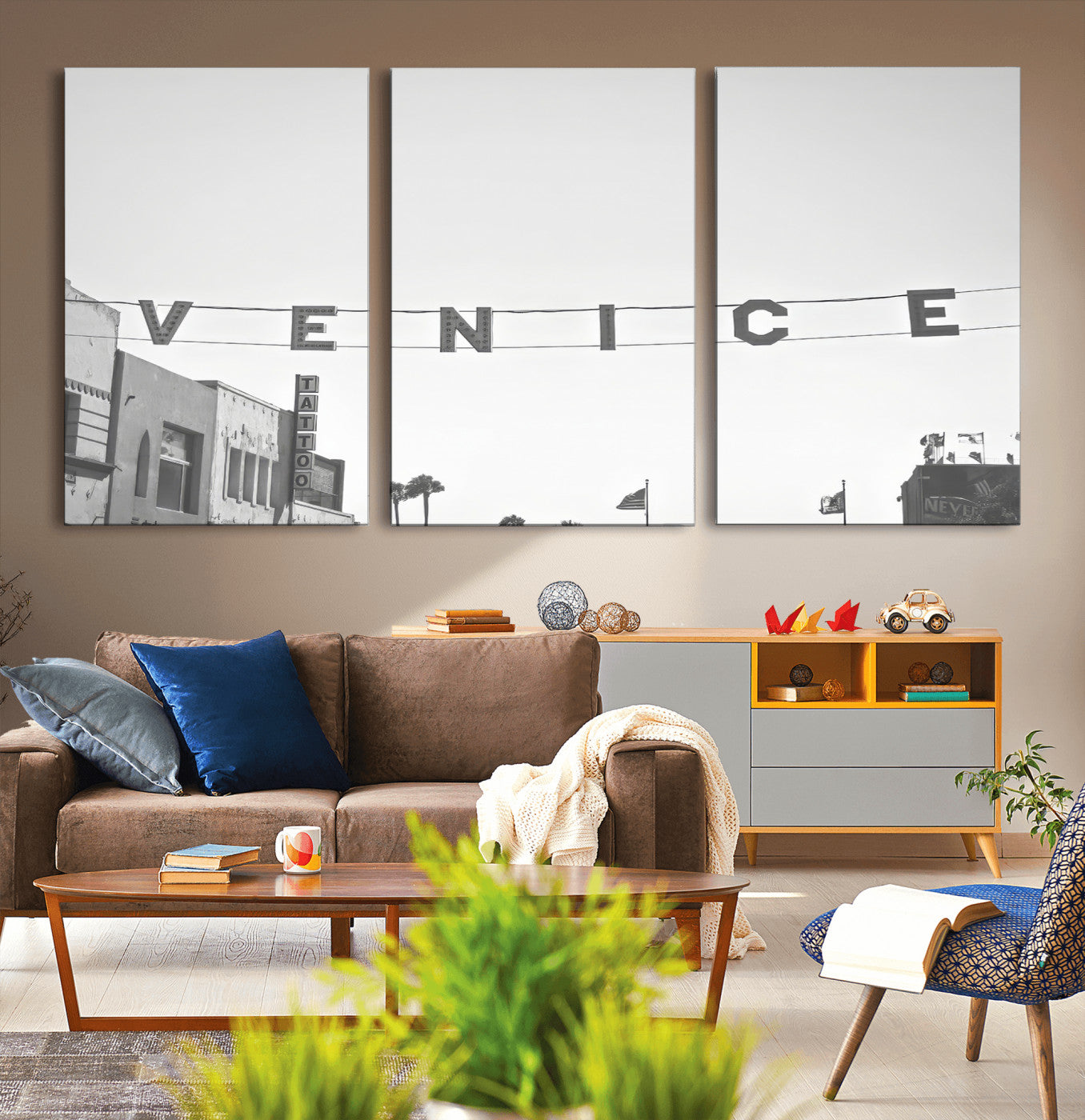 Black and white photo of Venice Beach sign and palm-lined street, perfect for urban coastal or minimalist LA-inspired wall decoration.