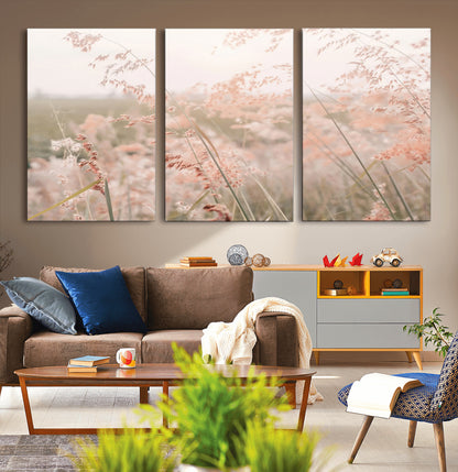 Soft pastel field with wild grasses in warm light, ideal for minimal nature or airy countryside-inspired interior wall decoration.