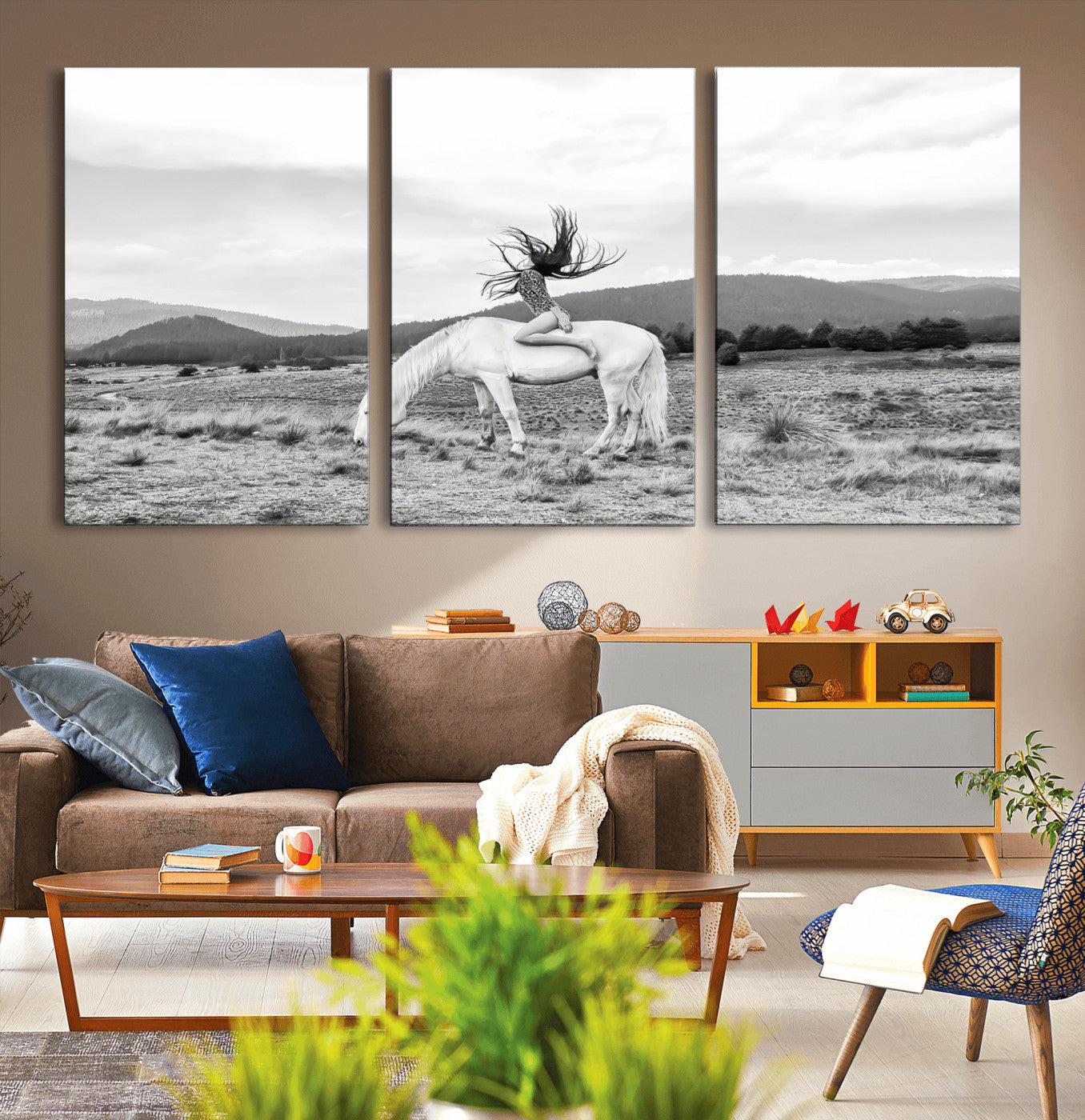 Black and white photo of a woman on a white horse in moody tones, ideal for Western Boho or modern rustic-style home decor.