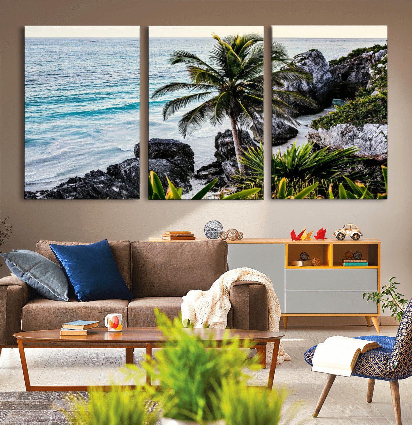 Framed canvas of a vibrant tropical coastline with palm trees, rocky cliffs, and turquoise waters, ideal for tropical coastal home decor.