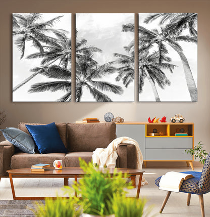 Black and white tropical palm trees viewed from below, swaying gently against a bright sky, creating a serene and elegant coastal atmosphere.