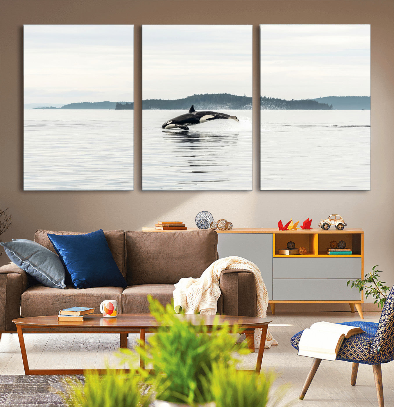 An orca jumping out of calm ocean waters with a misty island in the background, creating a serene and minimalist marine wildlife scene.