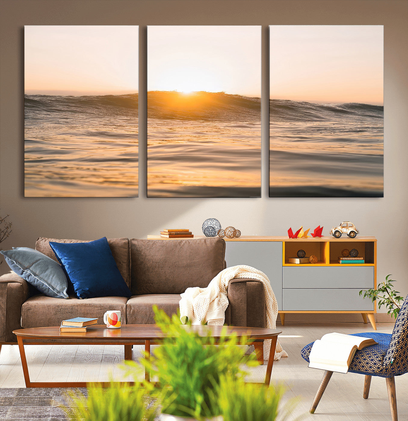 Ocean waves glowing under a warm golden sunset, reflecting soft light and calm movement, perfect for warm minimalist coastal interiors.
