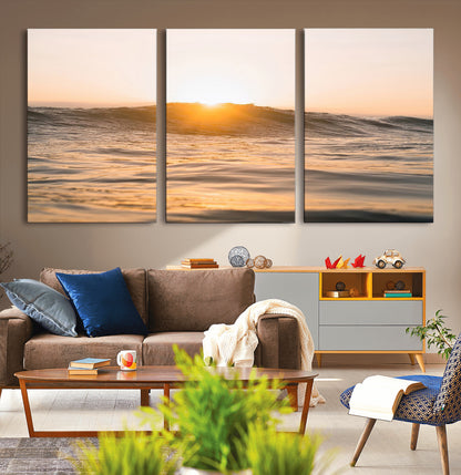 Ocean waves glowing under a warm golden sunset, reflecting soft light and calm movement, perfect for warm minimalist coastal interiors.