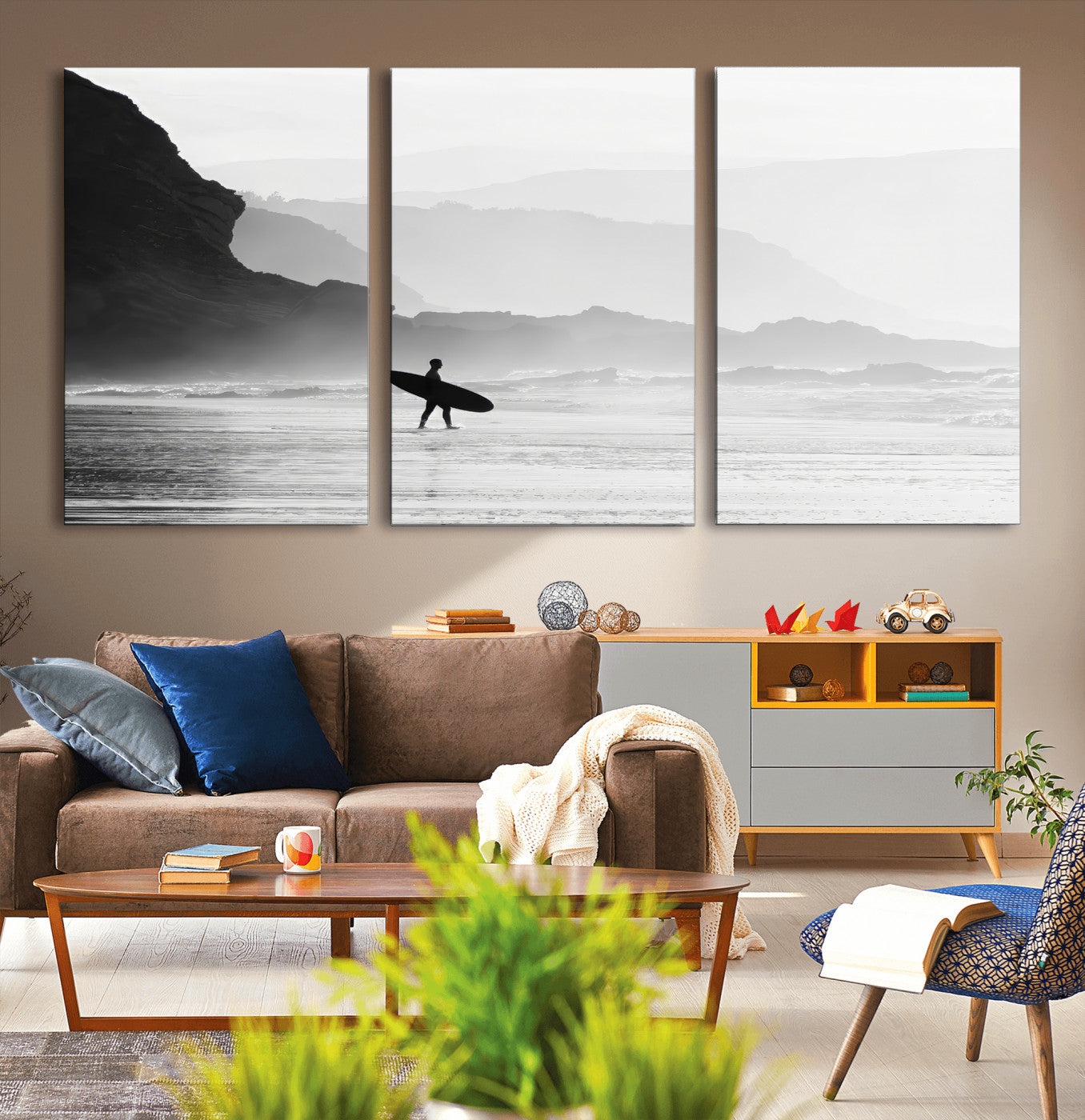 A lone surfer walking along a misty beach with cliffs in the background, carrying their board, capturing a serene and minimal ocean moment.