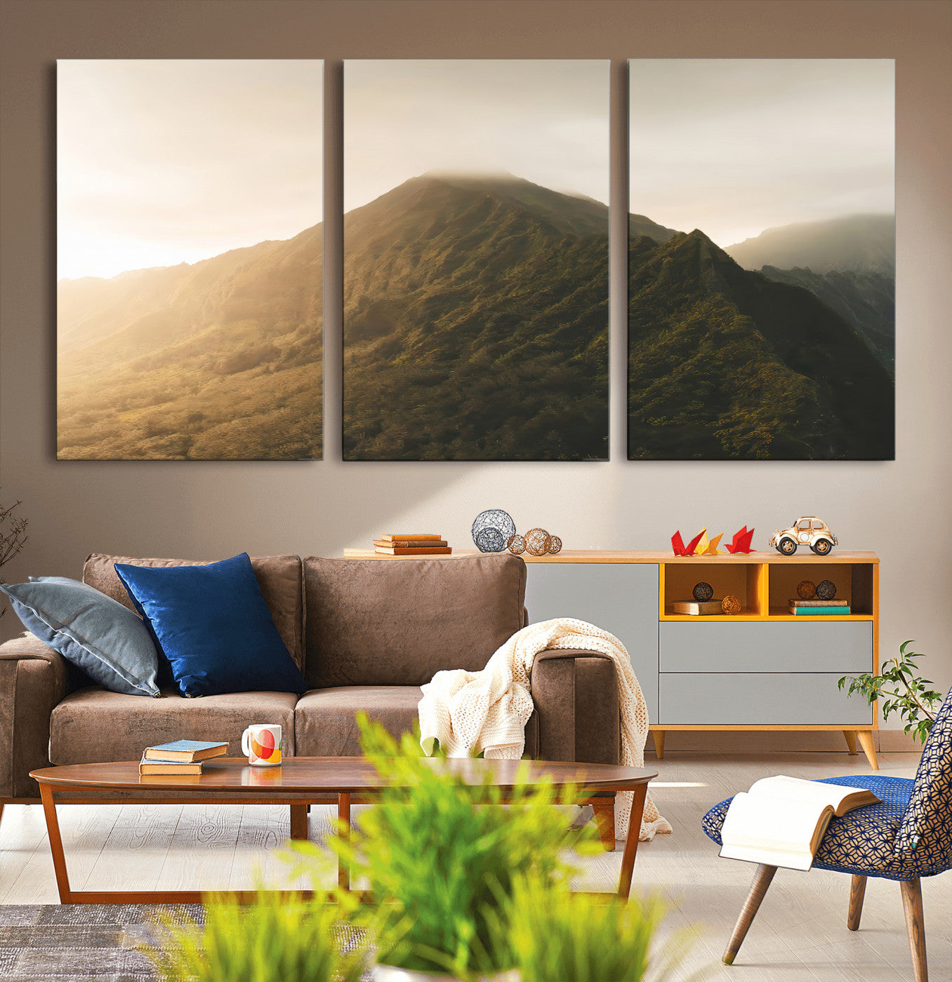 Sunlit mountain peak with mist rolling over its rugged slopes, bathed in golden light, creating a warm and tranquil nature-inspired scene.
