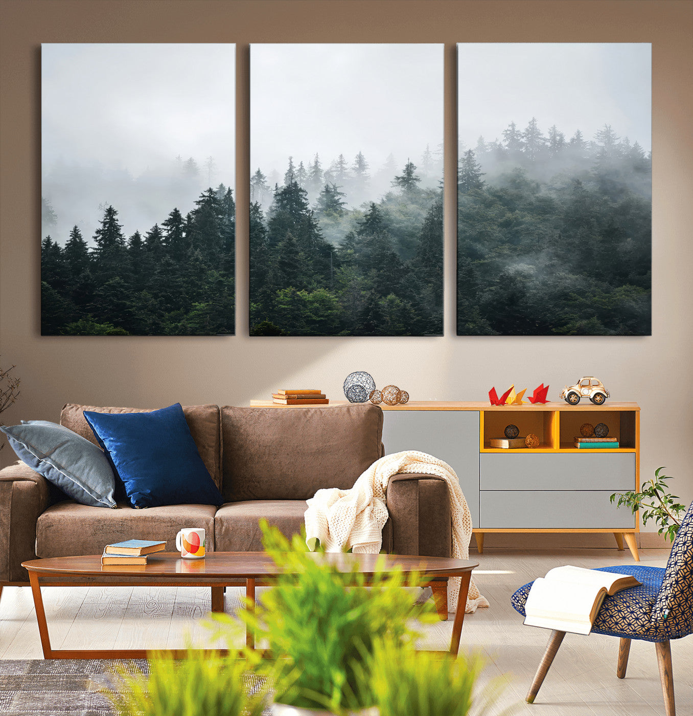 A misty evergreen forest shrouded in soft fog, creating a tranquil and moody landscape with lush green trees fading into the distance.