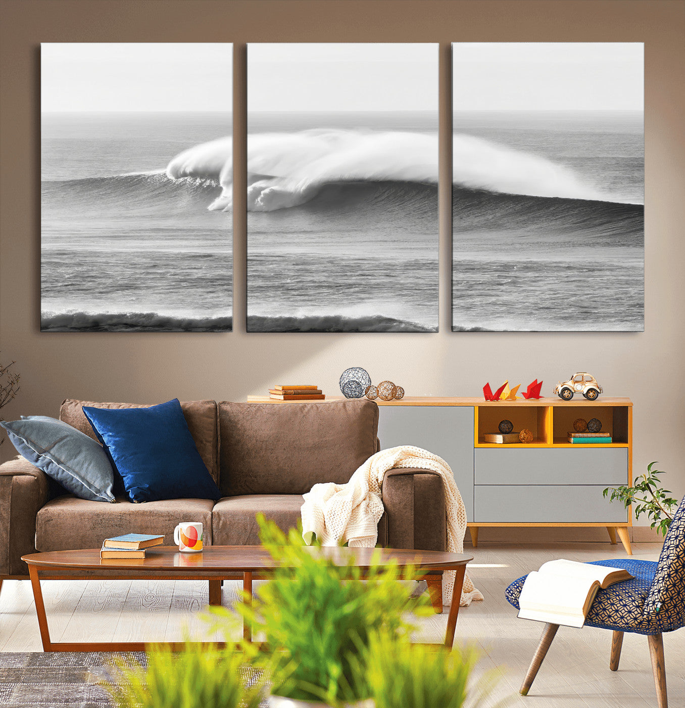 A dramatic black and white ocean wave crashing with immense force, capturing the raw power and movement of the sea in a bold seascape.