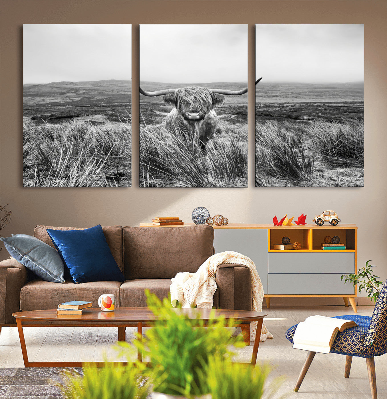 A black and white portrait of a Highland cow in a foggy Scottish countryside, capturing a rustic aesthetic and tranquil farm escape.