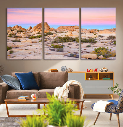 A breathtaking desert landscape featuring rugged rock formations under a vibrant pastel sunset sky, capturing the warmth and serenity of a Southwestern wilderness.
