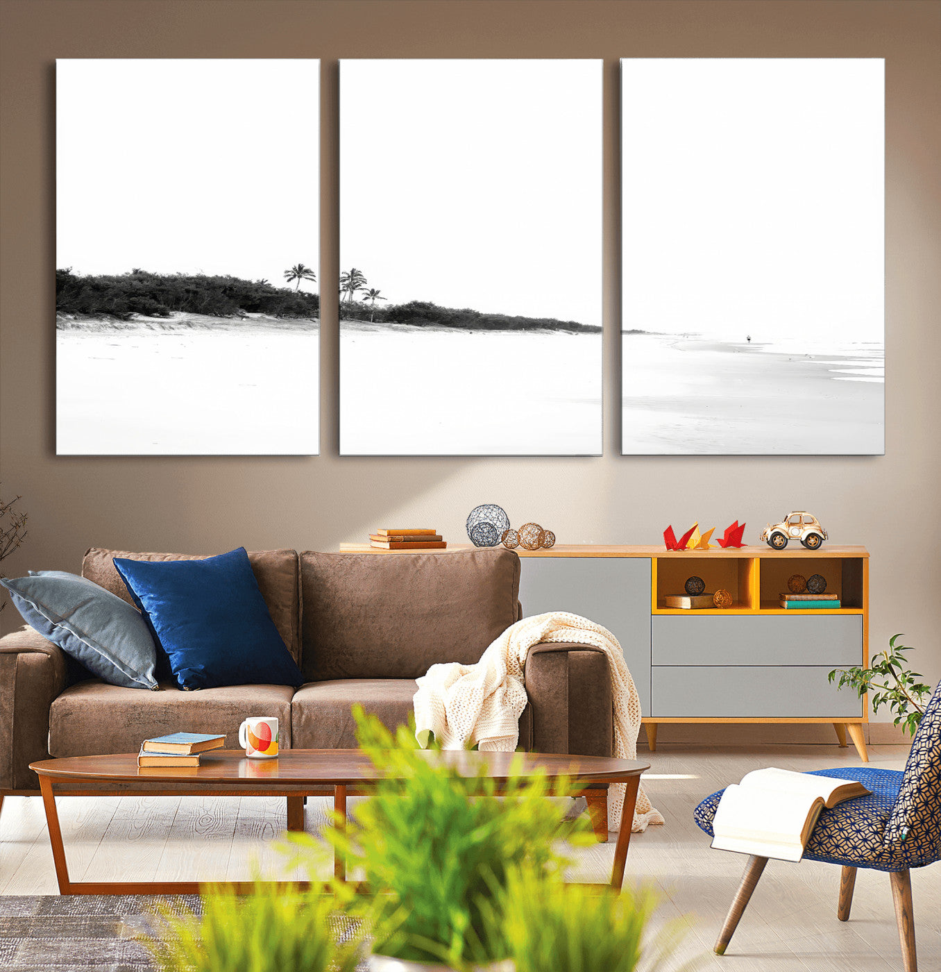 A black and white minimalist coastal scene with a vast open beach, distant palm trees, and a lone figure walking along the shoreline, evoking serenity and solitude.