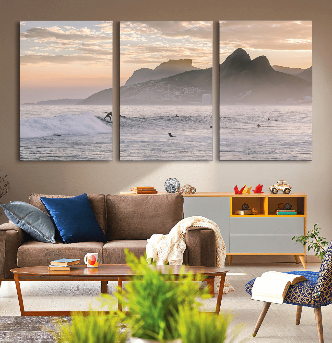 A surfer rides a golden hour wave near misty coastal mountains, surrounded by fellow surfers, capturing the spirit of a coastal adventure.