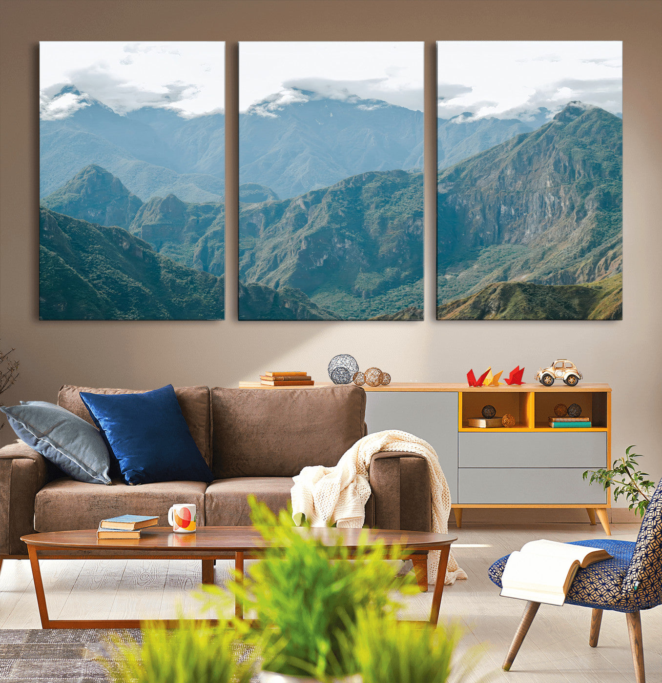 A misty mountain landscape with cloud-covered Andean peaks and lush green valleys, creating a dramatic and serene view, perfect for rustic or nature-inspired home decor.