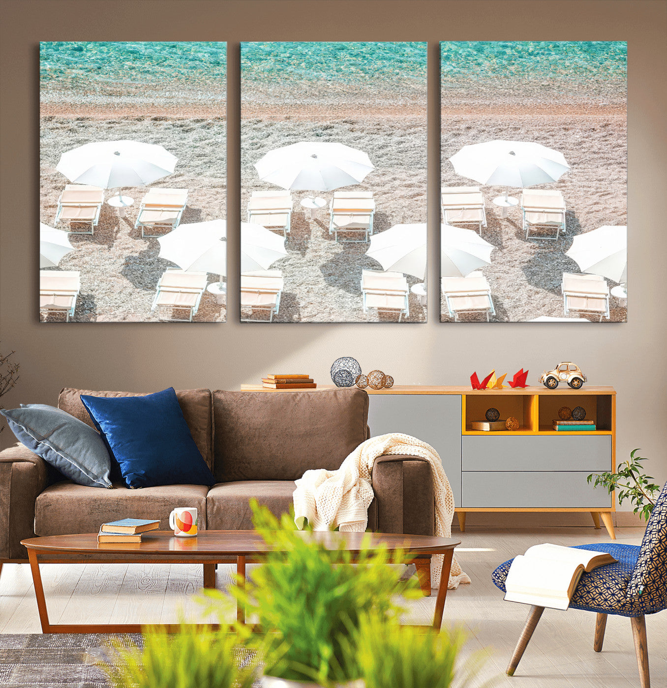 A bright beach scene with white umbrellas, pastel sand, and turquoise waters, creating a tranquil coastal vibe, perfect for beach house or summer decor.