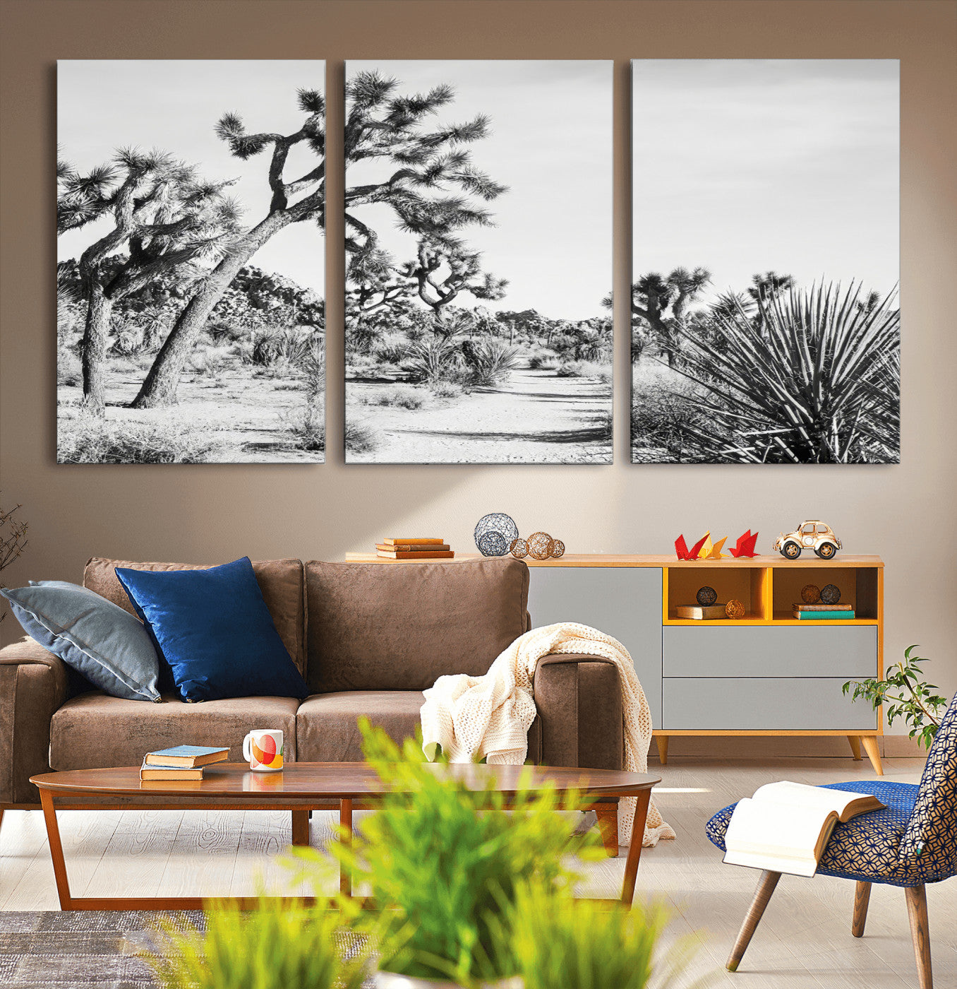 Canvas of a Joshua Tree forest in black and white tones, featuring a desert path and spiky vegetation, ideal for minimalist or rustic decor.