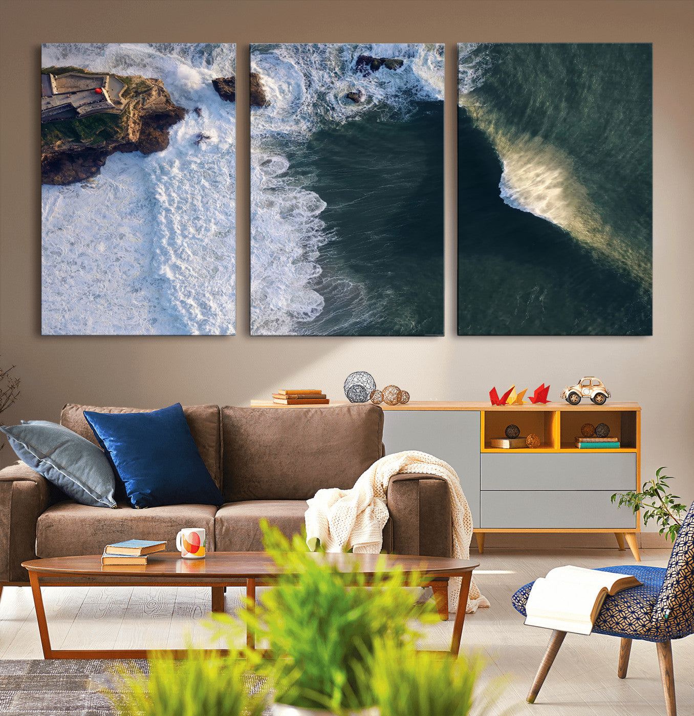 Canvas showing an aerial view of crashing waves along the Nazaré coastline, perfect for dramatic coastal or ocean-themed home decor.
