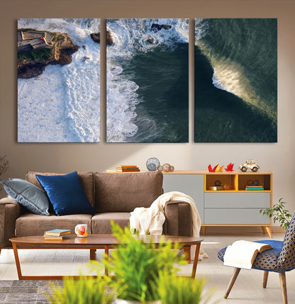 Canvas showing an aerial view of crashing waves along the Nazaré coastline, perfect for dramatic coastal or ocean-themed home decor.