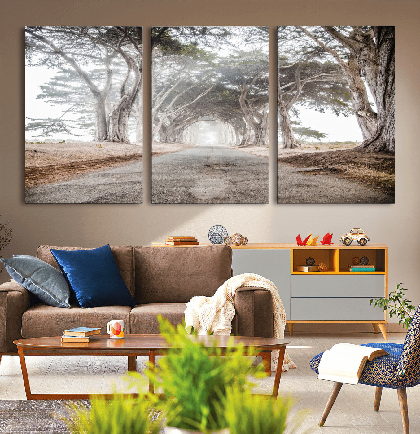 Canvas of a misty tree tunnel with arching cypress trees and an earthy road, ideal for rustic or coastal nature decor.