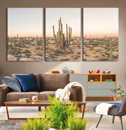 Canvas of tall desert cacti in warm sunset tones over a rocky Baja landscape, ideal for earthy or Southwestern-style home decor.