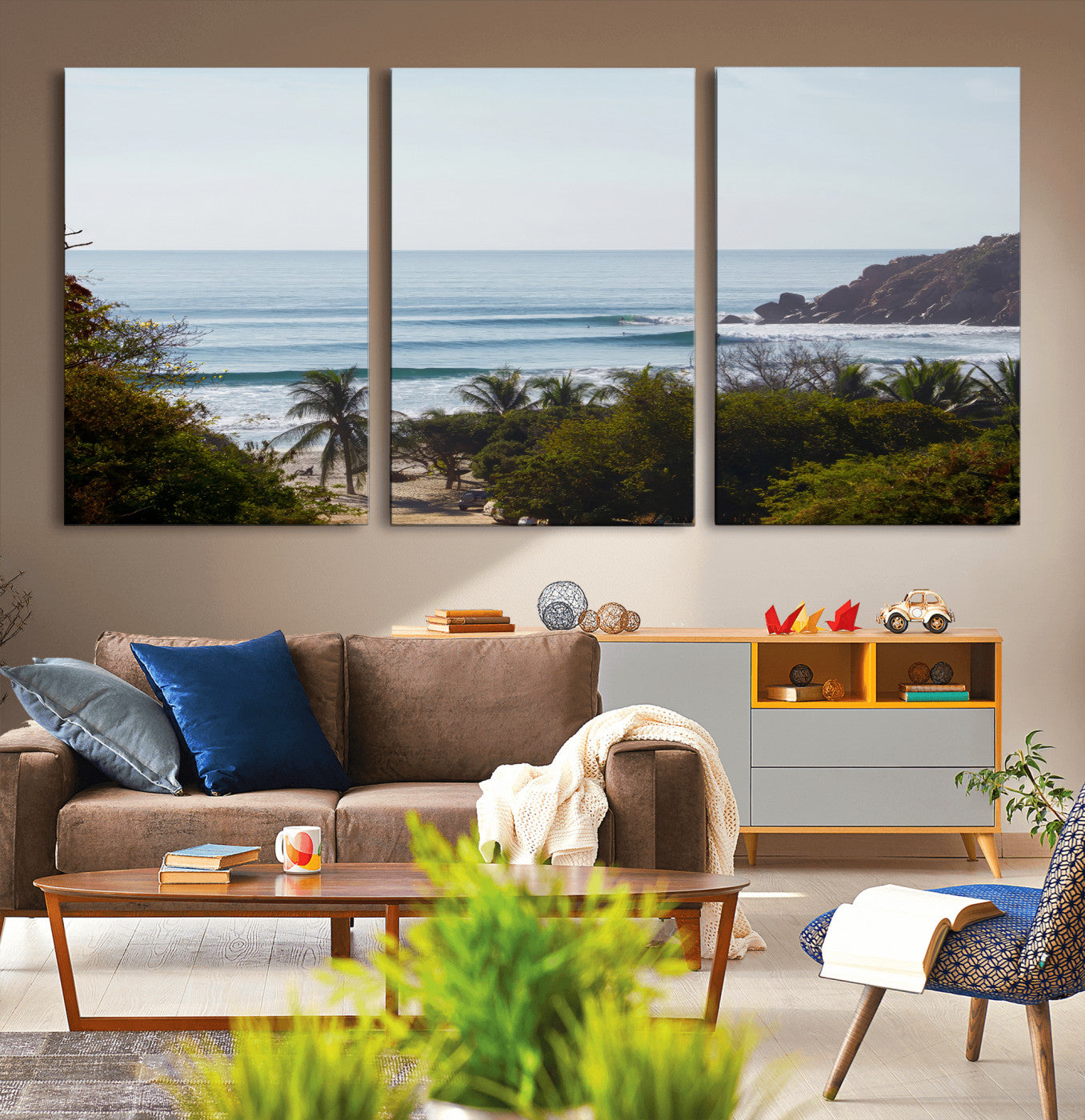 View of calm ocean waves with palm trees and a tropical coastline, ideal for coastal boho or beach-themed wall decor.