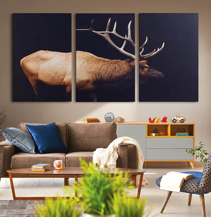 Side profile of an elk with large antlers on dark background, creating a bold rustic statement for cabin or Western-themed decor.