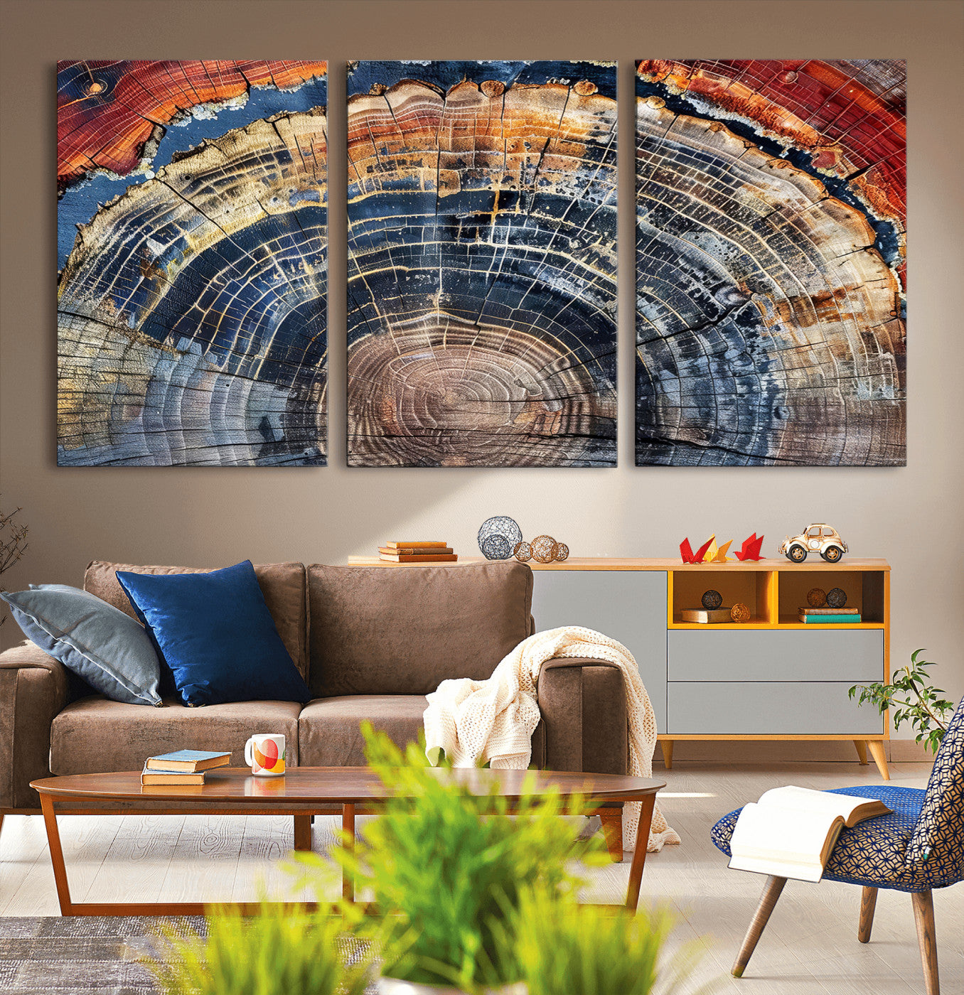 Vibrant tree ring with orange, brown, and blue tones in abstract detail, perfect for rustic or boho-inspired wall decor.
