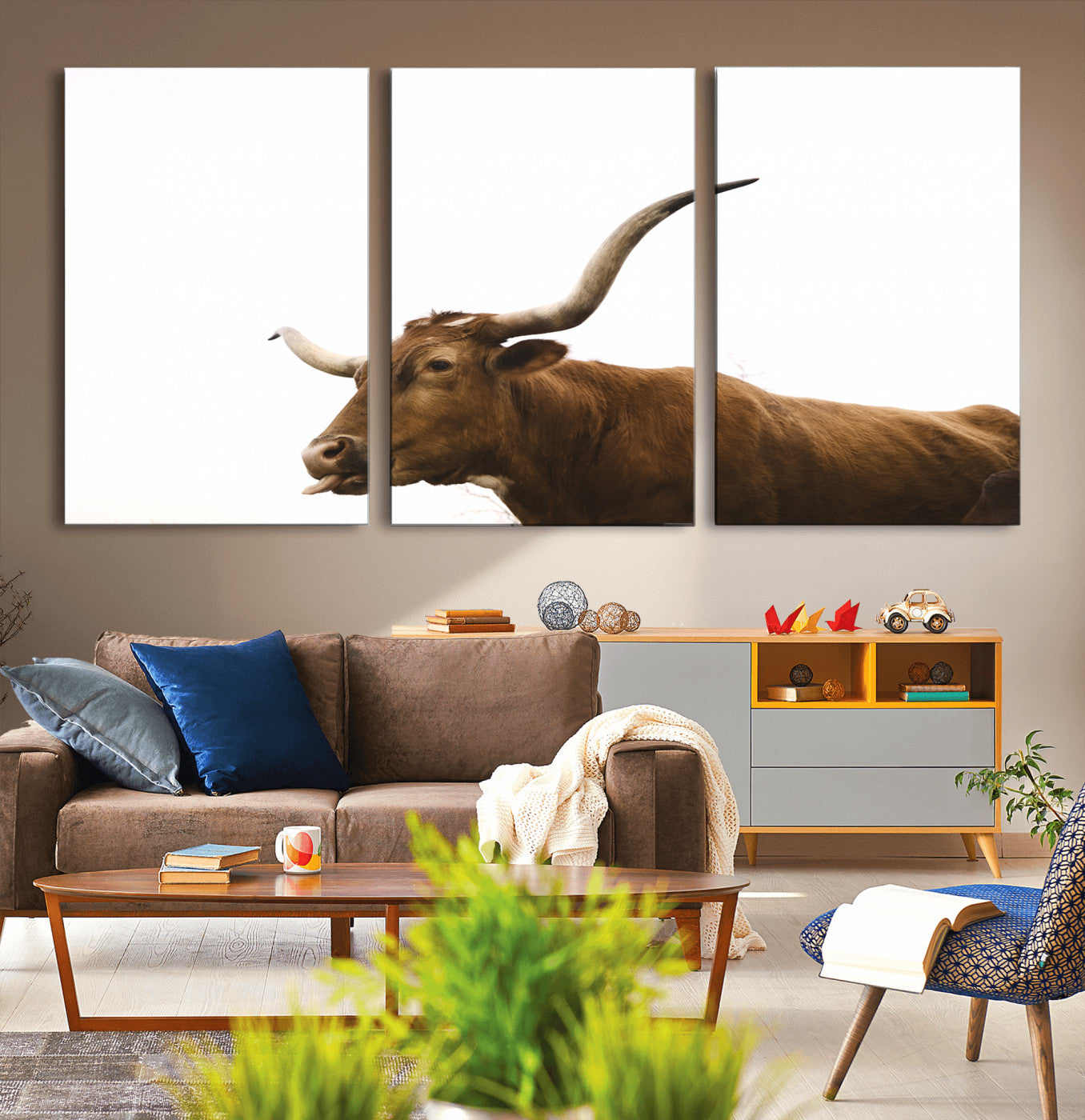 Minimal photo of a longhorn cow with white background, ideal for rustic, western or farmhouse-style interior decor.