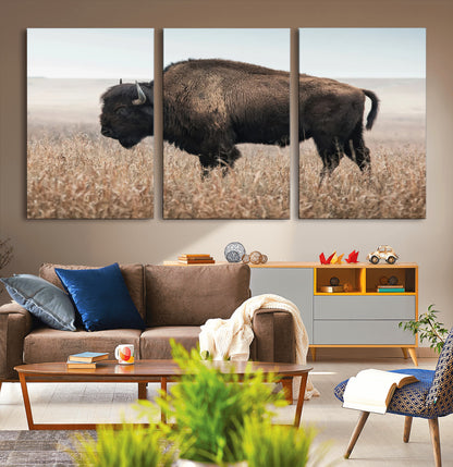 A lone bison stands in a vast prairie under a soft sky, evoking freedom and rustic charm for western or farmhouse inspired interiors.