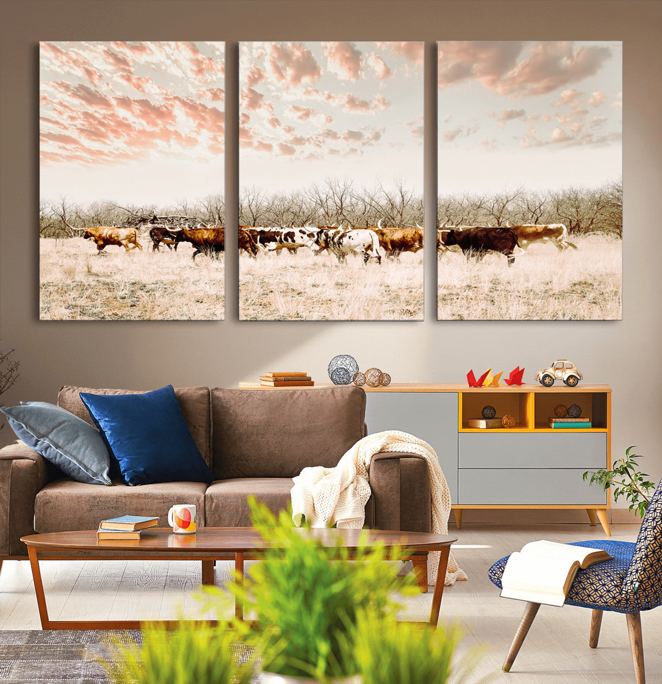 Cattle herd in a soft-toned field under a pastel pink sky, creating a peaceful rustic feel, perfect for farmhouse or western-themed spaces.