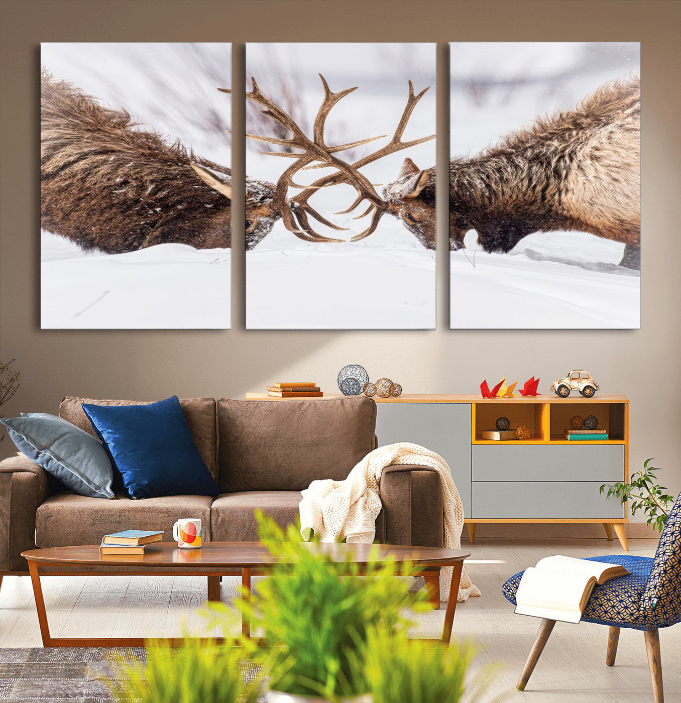 Two elk clashing antlers in a snowy forest, capturing raw power and wild energy, ideal for rustic cabin or lodge-style decor.