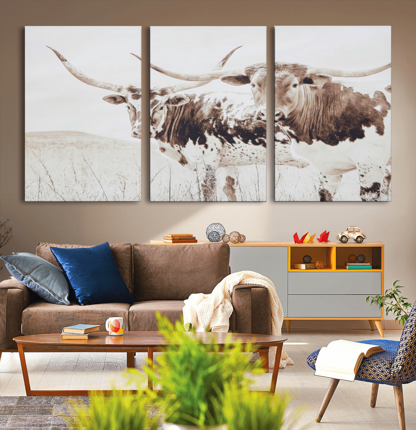 Two longhorn cows standing in a sepia-toned pasture with soft light, ideal for rustic or farmhouse-themed neutral wall decor.