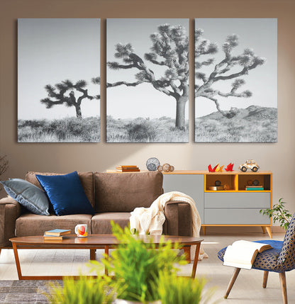 Black and white Joshua tree in a desert landscape with soft light and dry brush, perfect for rustic or minimalist home decor.
