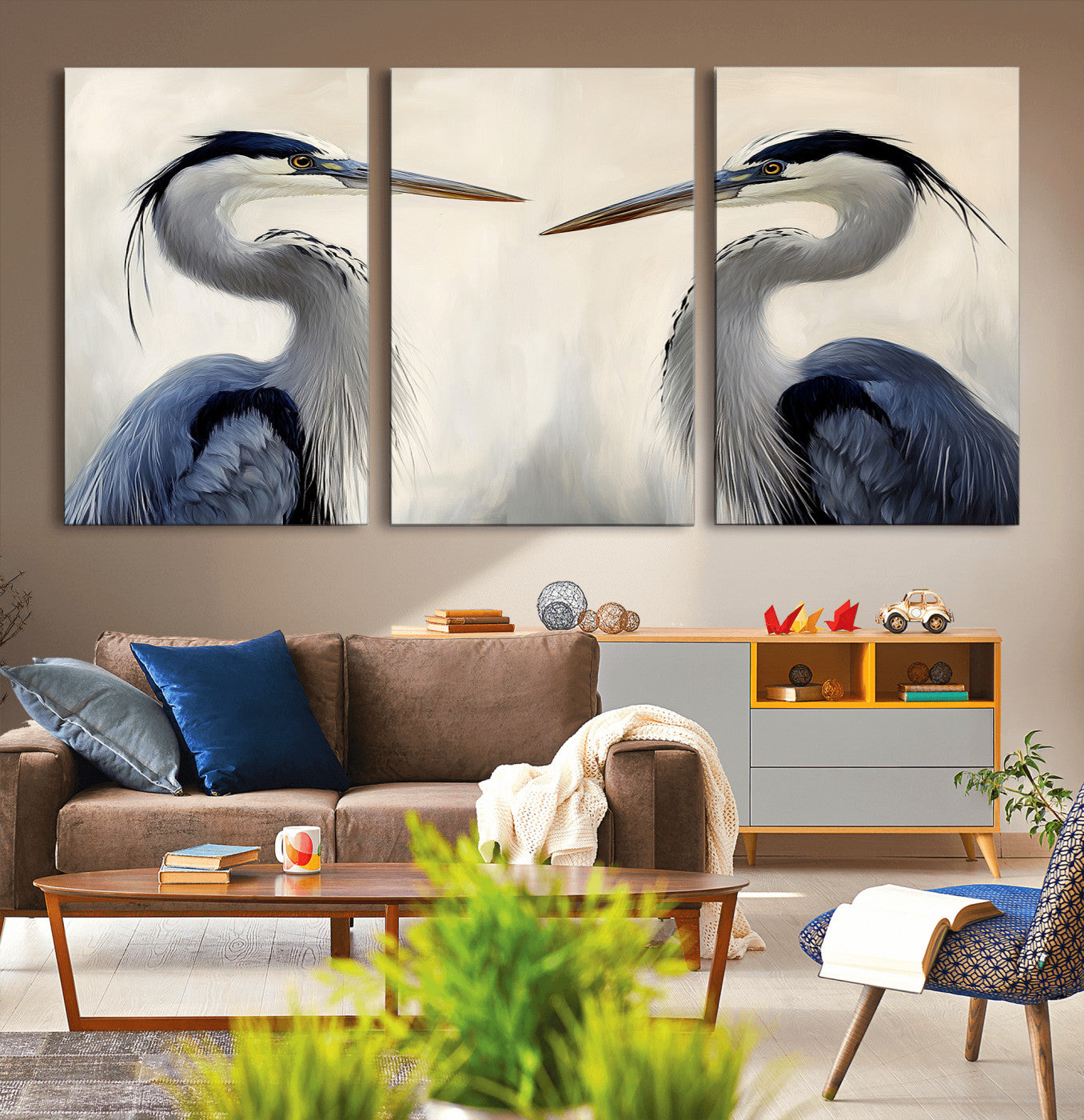 Two blue herons facing each other on a soft neutral background, ideal for coastal, tranquil, or nature-inspired minimalist interiors.