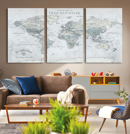 Custom Push Pin World Map Wall Canvas Print – Personalized Travel Tracker with Pins – Framed Custom Quotie Canvas for Home Office Decor