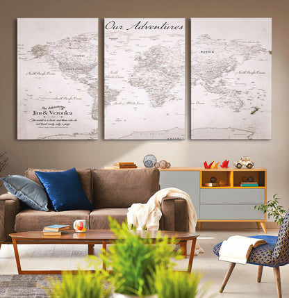 Customize Push Pin World Map Wall Canvas Print – Personalized Travel Map with Foam Pins – Framed Custom Quotie Canvas for Home Office Decor
