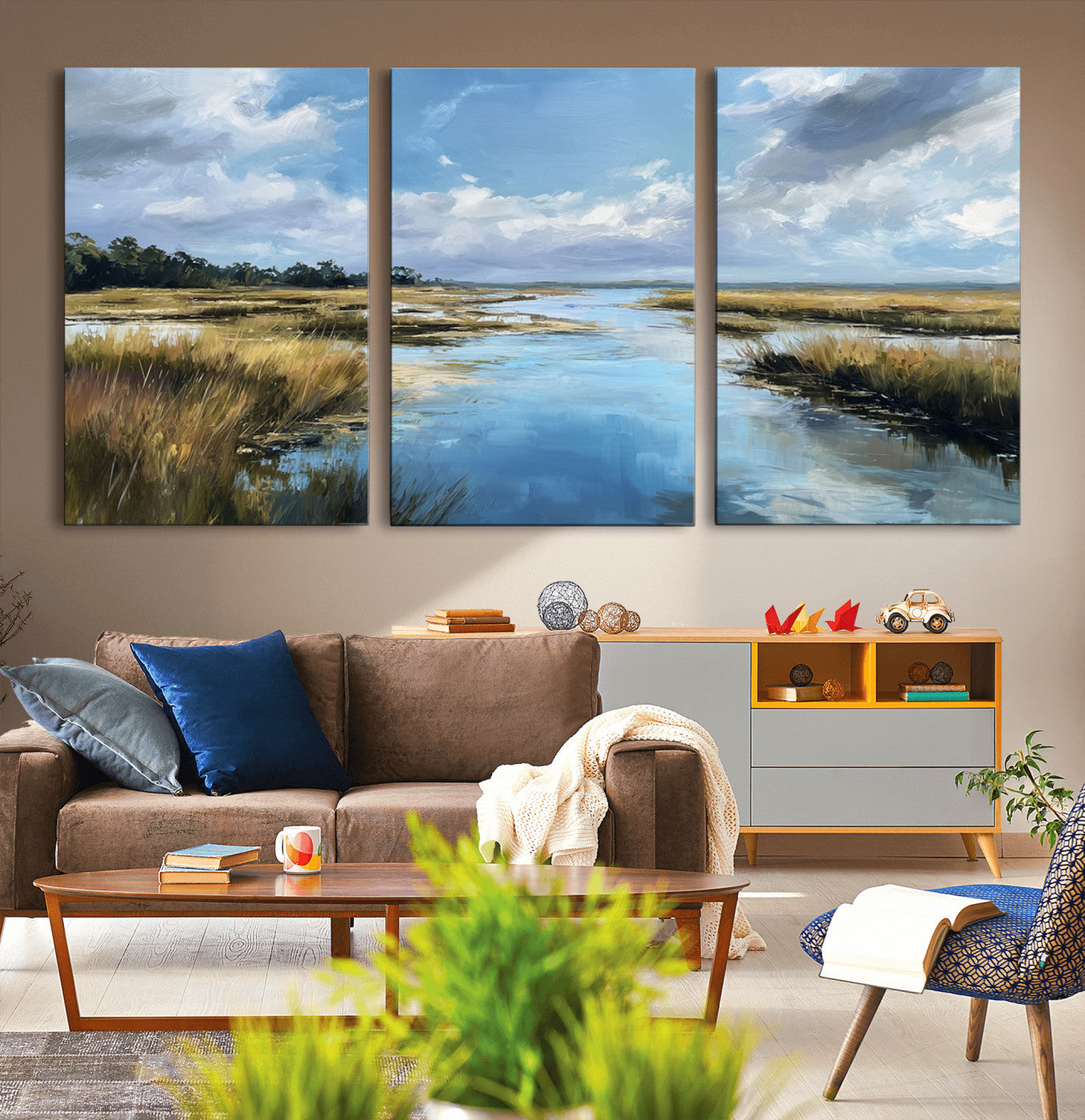 A beautiful, painterly landscape of a calm river winding through a marsh, with vibrant green grasses and a bright blue sky filled with fluffy clouds.