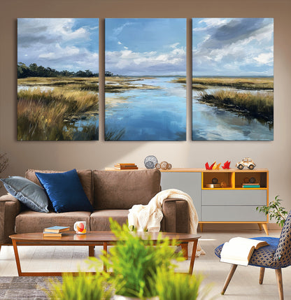 A beautiful, painterly landscape of a calm river winding through a marsh, with vibrant green grasses and a bright blue sky filled with fluffy clouds.