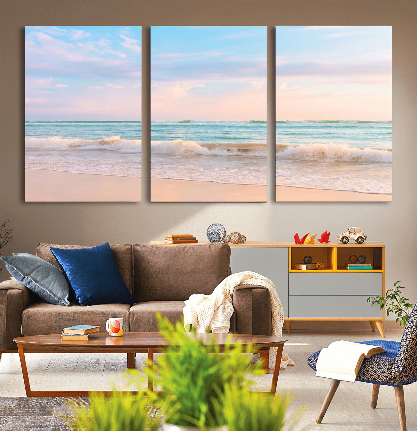 A peaceful beach scene with soft pastel skies, gentle waves washing up on the sandy shore, creating a calm and serene ocean view.