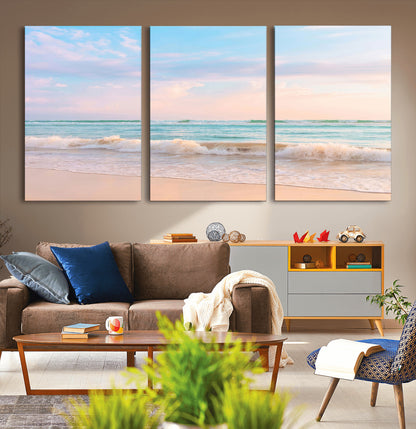 A peaceful beach scene with soft pastel skies, gentle waves washing up on the sandy shore, creating a calm and serene ocean view.