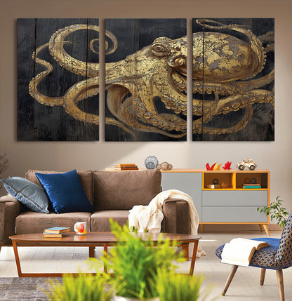 A detailed gold illustration of an octopus on black wooden planks, showing its intricate tentacles and textured skin in an artistic style.