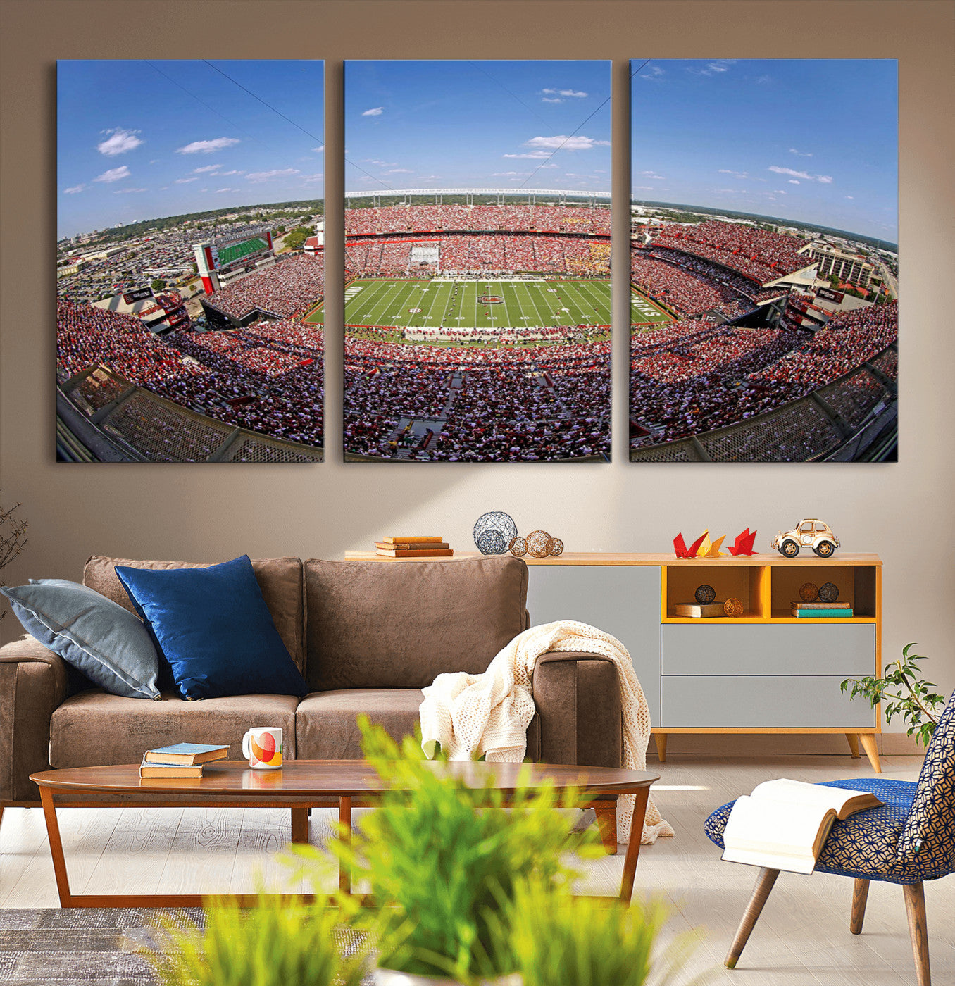 An William Brice-Stadium view of a full football stadium with cheering fans and clear blue skies, capturing the excitement and energy of the game.
