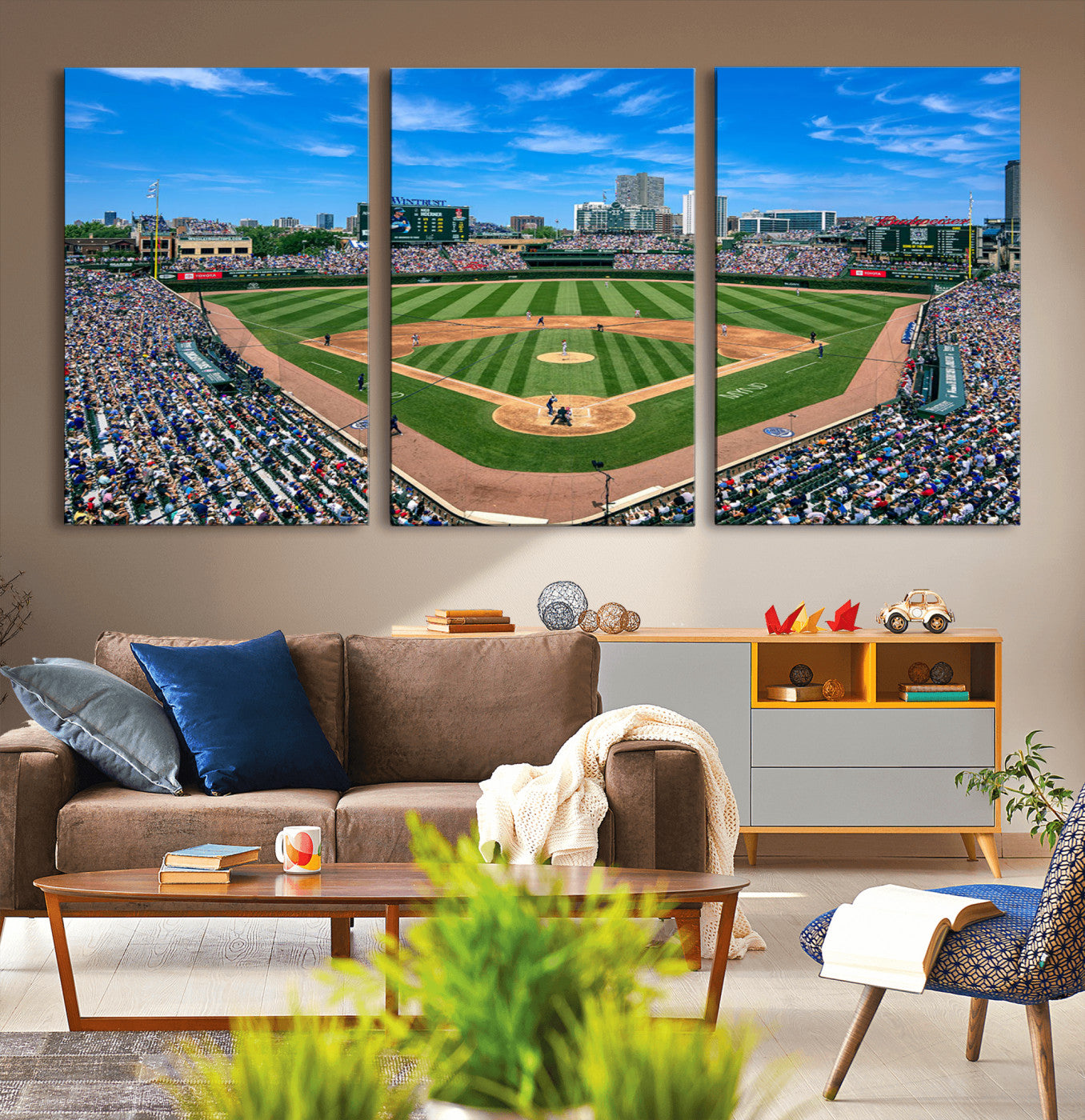 Wrigley Field Baseball Stadium Canvas Wall Art, Packed Crowd Sports Stadium Print, City Skyline Baseball Field Canvas for Game Room Decor