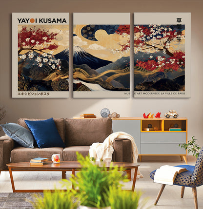 Yayoi Kusama's artwork featuring Mount Fuji, blooming cherry trees, and intricate swirls, blending traditional Japanese elements with vibrant color.