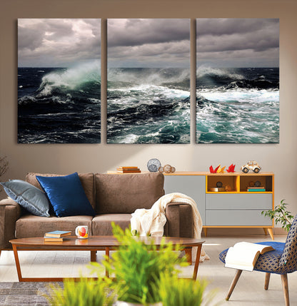Powerful ocean waves crashing under stormy skies, creating a dynamic and intense seascape.